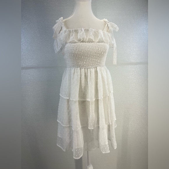 Square Neck Puff Sleeves Ruffle Midi Dress Boho Swiss Dot Tie Back Smocked Dress - Picture 5 of 17